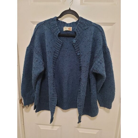 Handmade Blue Wool Button-Up Cardigan Sweater With Ribbed Hem & Cuffs - Picture 9 of 11